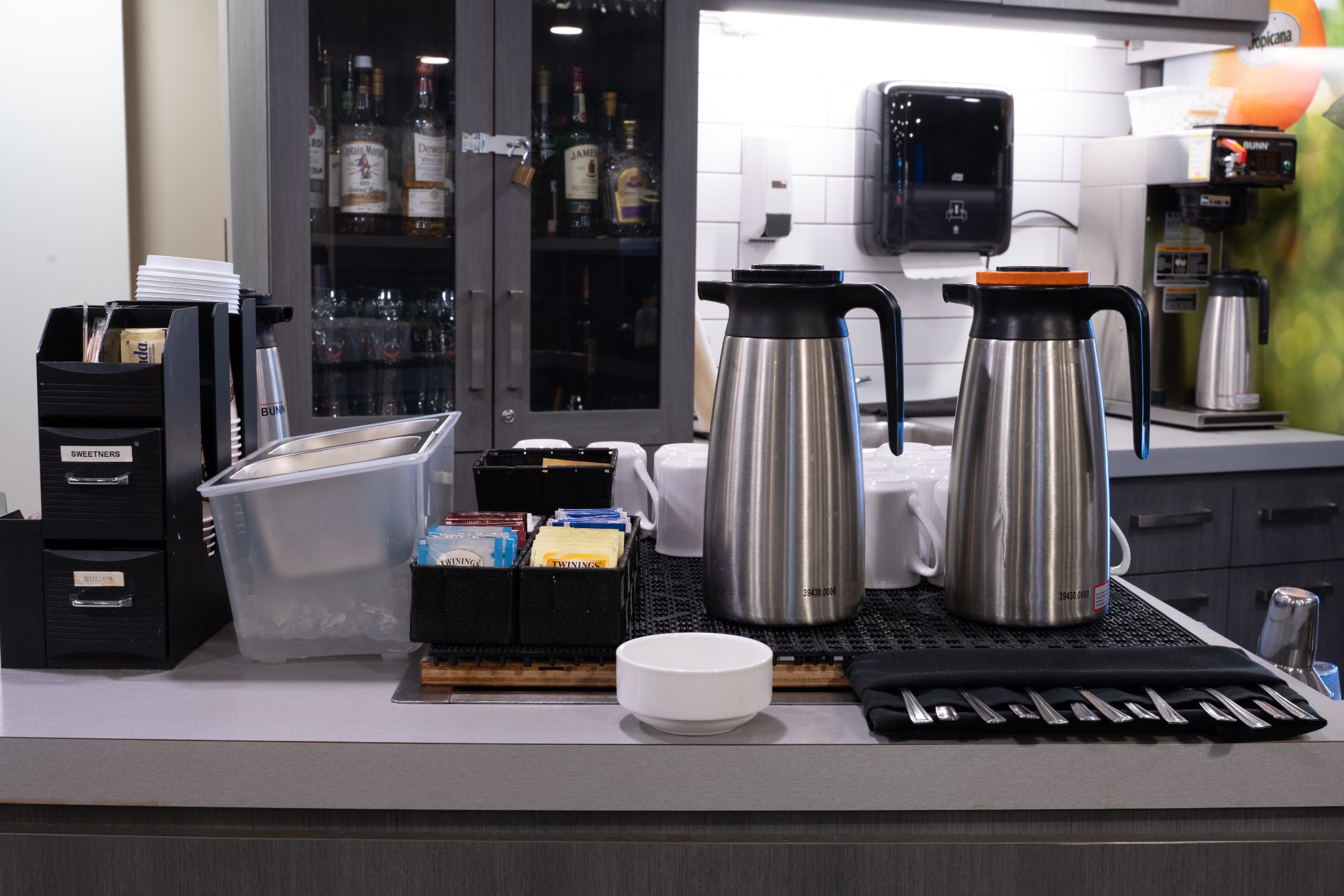 Morning coffee set out at the servery