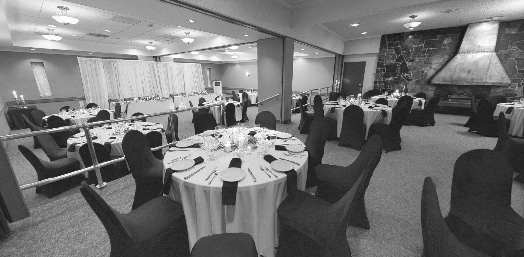 The banquet room set for a reception