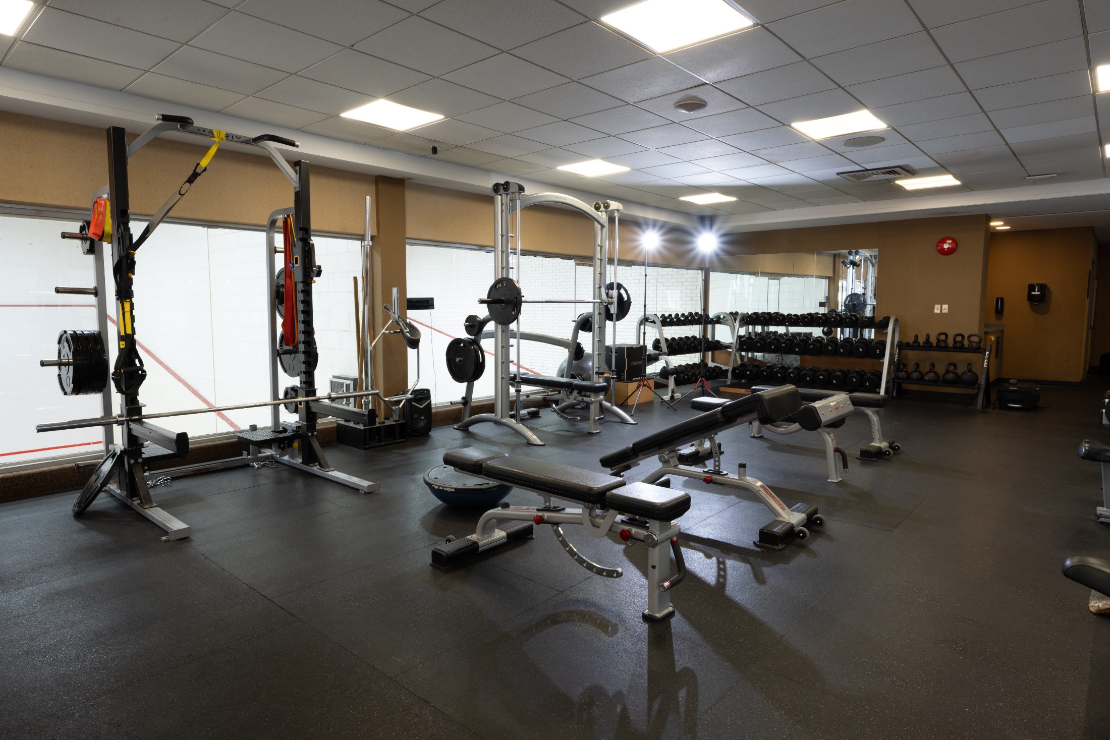 The private gym overlooking the squash courts