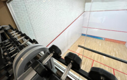 Weight Room Overlooking Squash Court at Winnipeg Squash Racquet Club